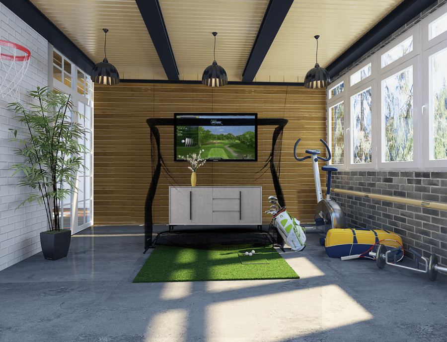 Golf simulator opstelling woonkamer